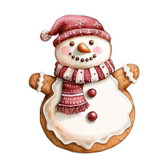 Fototapeta premium Watercolor Illustration of a Cute Snowman Gingerbread Cookie Wearing a Red Santa Hat and Striped Scarf Isolated on White
