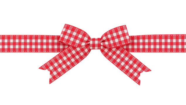 A red and white checkered bow tied around a ribbon against a white background, perfect for gift wrapping and decorations