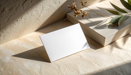 A serene scene of a blank card on a textured beige surface with a plant and shadow