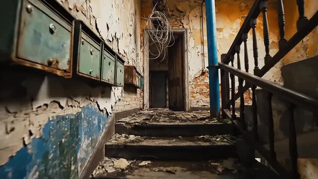 Dilapidated interior stairway with peeling blue and white paint and row of wall-mounted metal boxes