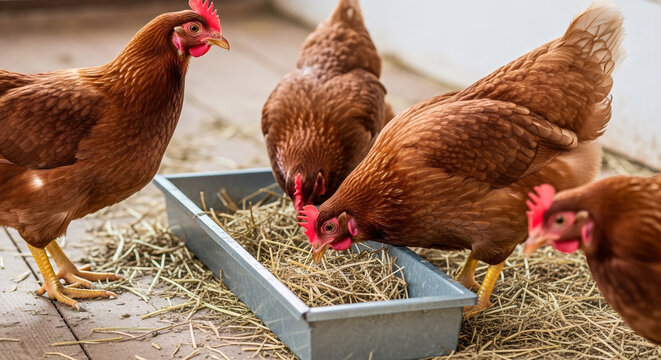 Brown Hens Feeding in a Rustic Coop