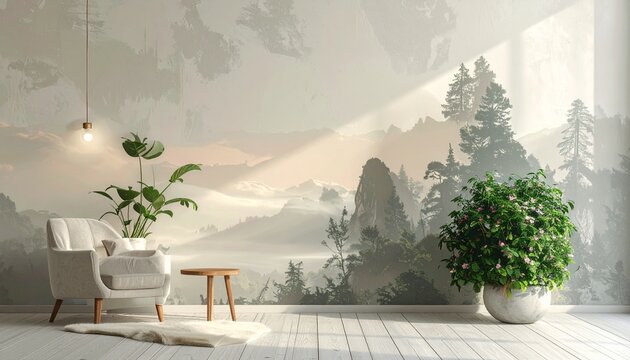 Cozy Living Room with Mountain Mural and Natural Light.