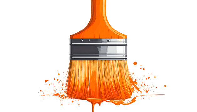 A paint brush with orange bristles, a silver ferrule, and a wooden handle. Orange paint drips down onto a dark surface