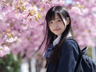 満開の桜並木を背景に笑顔でこちらを見つめる紺色の制服を着た女子学生のポートレート
