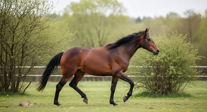 Graceful Bay Horse Trotting in a Green Field