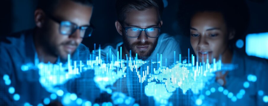 Business in quality health tourism. Innovative Business Team Analyzing Health Tourism Feasibility with Augmented Reality Charts and Global Trends Overlay