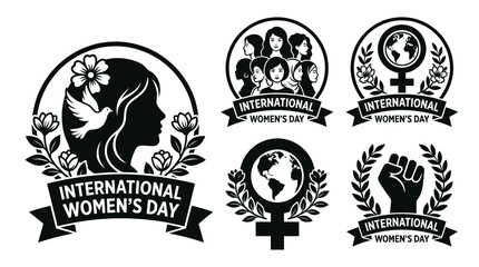 Fototapeta premium International Womens Day Vector collection of monochrome emblems featuring diverse women, peace dove, female symbols, and protest fists for feminism and equality graphic designs.