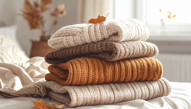 Cozy Stack of Knitted Sweaters in Warm Autumn Tones on a Bed.