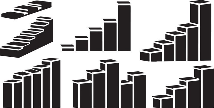 Black and white bar graphs and charts illustrations set