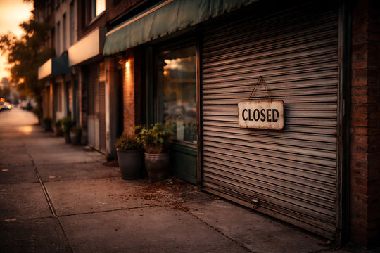 A closed shop at dusk with a sidewalk and street, sign of end of day