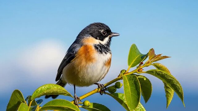 Small European Robin-like bird with orange chest and blue-grey back perched on a leafy branch against a bright blue sky.