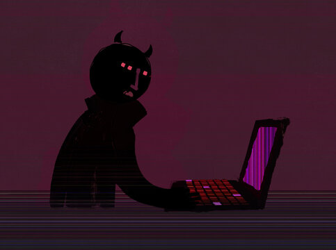 Cyber crime hacking demon cartoon dark web concept