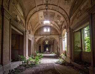 Fototapeta premium Decaying Architectural Grandeur - A Journey Through an Abandoned Hallway.