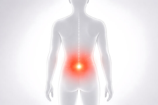 Painful lower back of a person, highlighted by a glowing red area