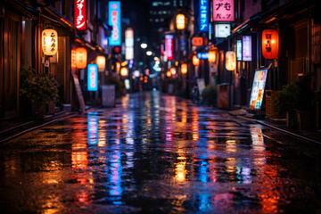 Obraz premium A vibrant night scene of a street in a city, reflecting colorful lights in the wet pavement