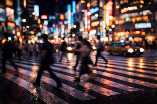 Nighttime in a bustling city with pedestrians crossing a zebra stripe, surrounded by vibrant lights. The blurry scene depicts the fast pace of urban life. 