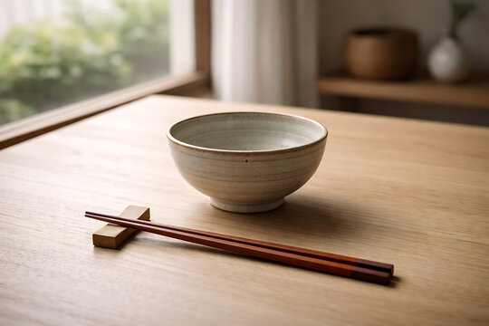 A minimalist composition featuring a ceramic bowl and chopsticks on a wooden table near a window