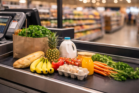 A colorful display of groceries on a checkout counter in a supermarket setting. Fresh produce and other items are arranged to showcase variety