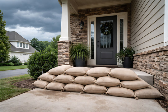 A house's entrance protected by sandbags during a storm, with a front door and a wreath, indicating preparation for a weather event. The environment appears overcast.
