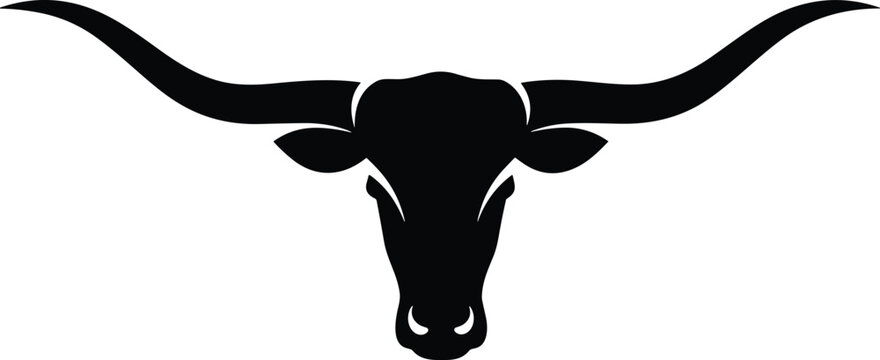 Stylized black silhouette vector illustration of longhorn steer head with wide curved horns, symmetrical iconic Texas design