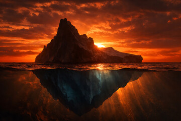 Majestic iceberg at sunset, with a fiery sky and an underwater reflection. The sun sets behind a mountainous iceberg, creating a beautiful view. 
