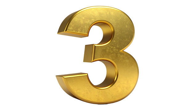A three-dimensional render of a golden number three with highlights and shadows against a transparent background