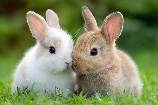 Two Cute Baby Rabbits on Green Grass