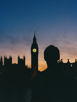 Silhouette by Big Ben at sunset in London
