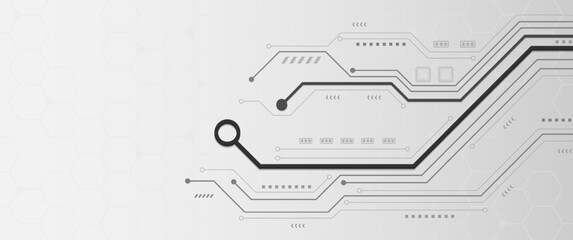 Grey circuit board lines with bold black data path on white background