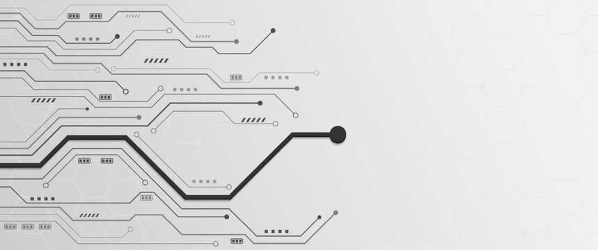 Grey circuit board lines with bold black data path on white background