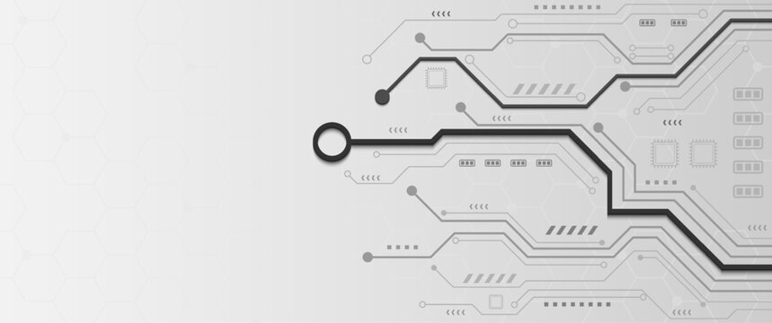 Grey circuit board lines with bold black data path on white background