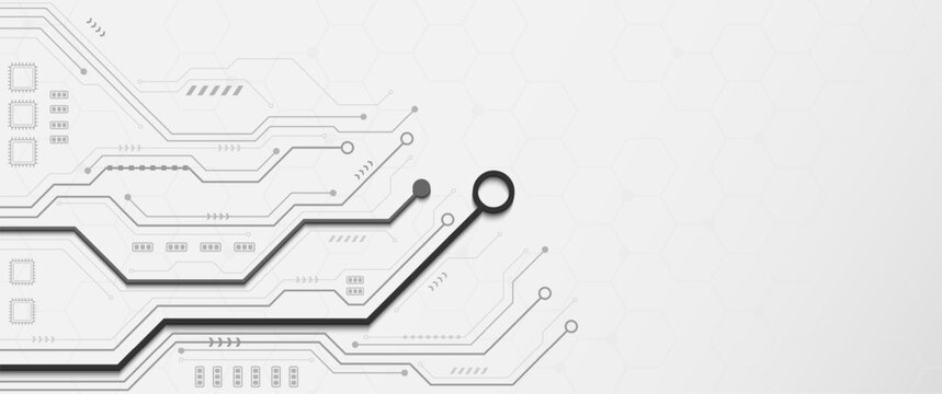 Grey circuit board lines with bold black data path on white background