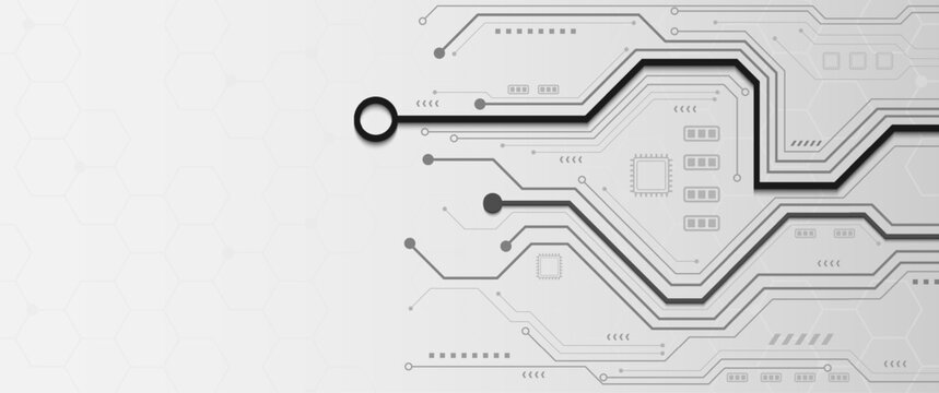 Grey circuit board lines with bold black data path on white background