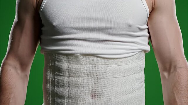 Man in white tank top wearing abdominal compression garment and showing fake abs on green screen background with subtle lighting and close up focus