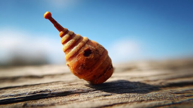 Tiny, textured plant gall resembling a miniature beehive with a small hole, resting on weathered wood against a blurred blue sky.