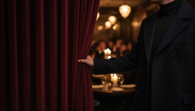 Person opening a red velvet curtain to reveal a dimly lit elegant dining room