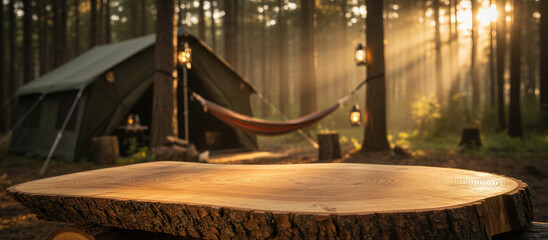 Fototapeta premium Round wooden stump table in a forest campsite with a tent and hammock at sunrise