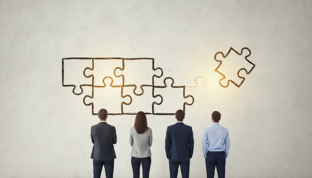 Business team looking at puzzle on wall, symbolizing problem solving, strategy, and collaboration