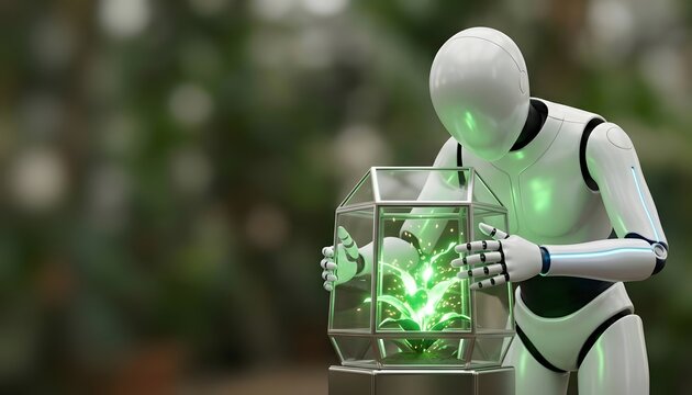 Futuristic white robot gently holding a glowing green plant inside a glass terrarium. AI environmental sustainability concept with copy space.