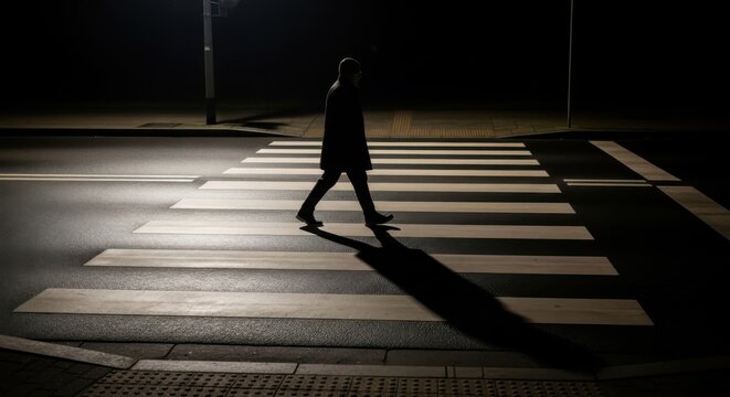 A woman crosses a dimly lit street at night, casting a long shadow on the ground.