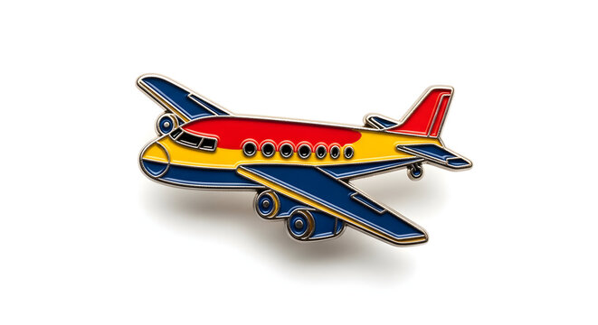 Vibrant enamel pin of a passenger airplane with red, yellow, and blue colors on a white background