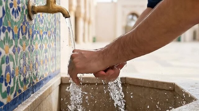 Close Up Hands Performing Ablution in Mosque Clean Bright Spiritual Preparation Concept