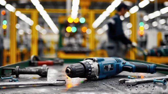 Close up of a blue power drill resting on a metal workbench among various wrenches and small hardware components in a brightly lit industrial assembly line environment.