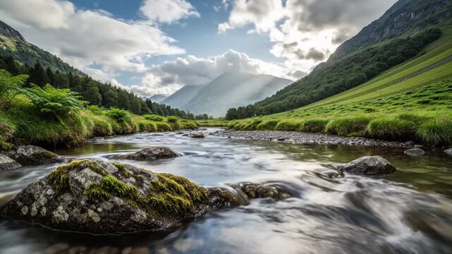 Majestic river flowing through a dramatic Scottish valley, surrounded by towering, rugged mountains under a beautiful sky with sun rays piercing through the clouds, highlighting the lush green landsca