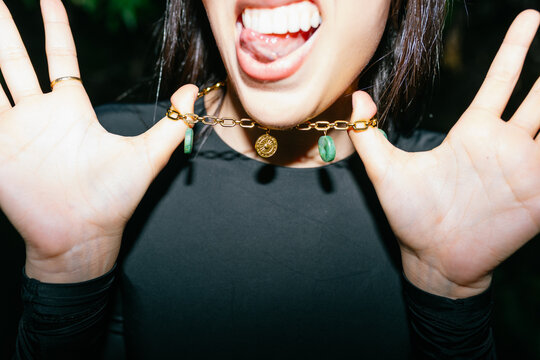 Gold Necklace With Green Charms