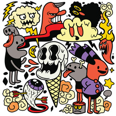 Fototapeta premium Cartoon doodle ice cream skull cloud lightning flame eye arrow surreal colorful playful