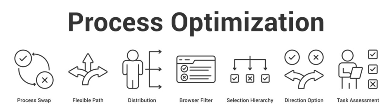 Process Optimization web banner icon set vector illustration concept for business with icon of Process Swap, Flexible Path, Distribution, Browser Filter, Selection Hierarchy, Direction Opti.