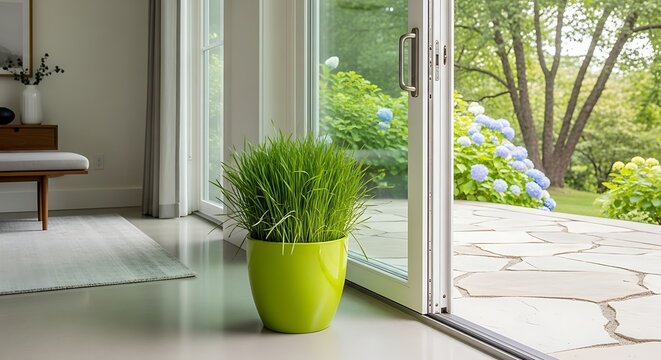 A serene potted grass stands on the floor beside an open sliding glass door leading to a garden with blooming flowers and trees.