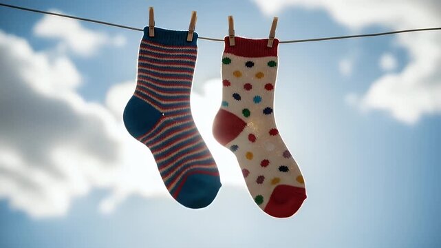 colorful striped and polka dot socks on a clothesline against blue sky