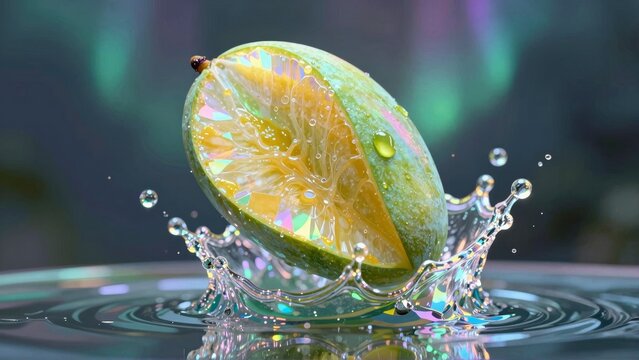 Lime slice, water droplets splash, colorful background